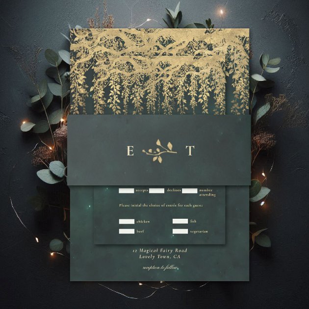 Enchanted forest wedding invitation belly band — emerald green gold greenery woodland — Pencil Owl Studios