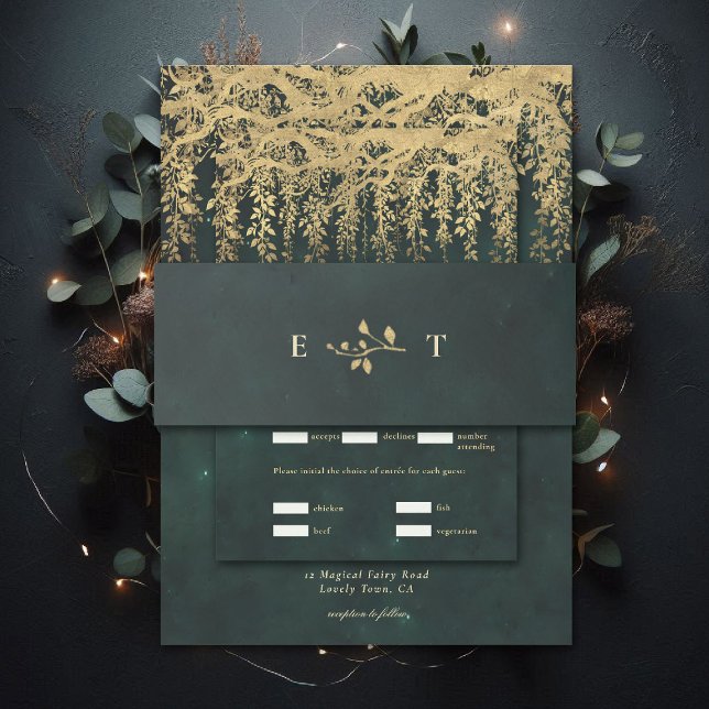 Enchanted Forest Hanging Gold Greenery Wedding Invitation Belly Band (enchanted forest wedding invitation belly band botanical gold initials moody emerald green)