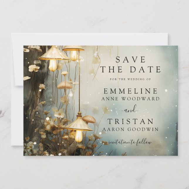 Enchanted Forest Hanging Lanterns Wedding Save The Date (Front)