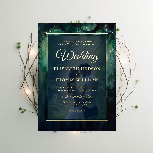 Enchanted Forest Hanging Vines Gold Photo Wedding Foil Invitation (enchanted forest photo wedding invitation magical garden fairy lights vines greenery emerald gold)
