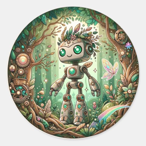 Enchanted Forest Journey A Whimsical Robots Tale Classic Round Sticker