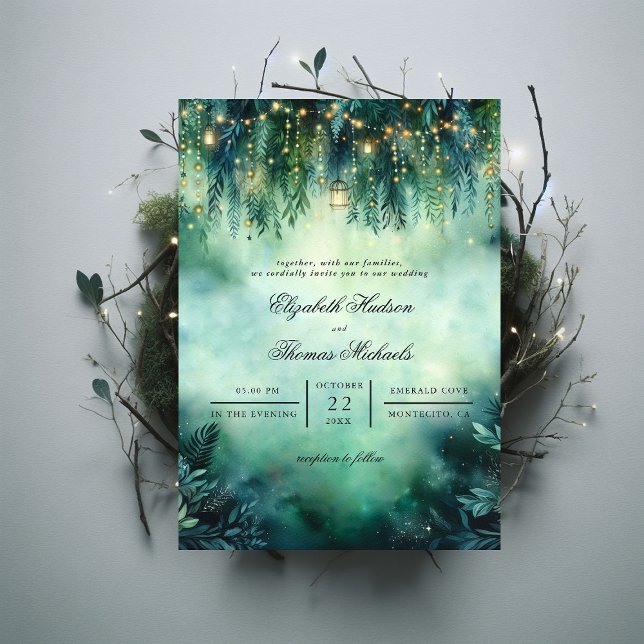 Enchanted Forest Lanterns Fairy Lights Wedding Invitation (enchanted forest fairy lights emerald green gold wedding invitation elegant formal modern classic)