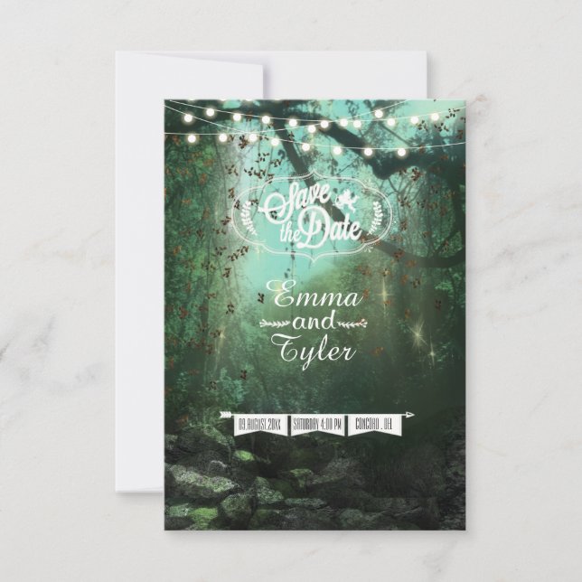 Enchanted Forest Lights Rustic Save the Date (Front)