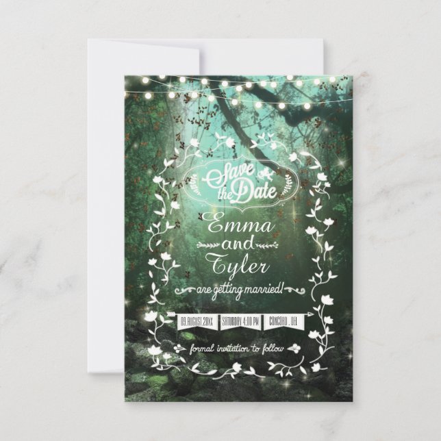 Enchanted Forest Lights Rustic Save the Date (Front)