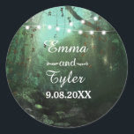 Enchanted Forest Lights Rustic Save the Date Classic Round Sticker<br><div class="desc">Beautiful outdoor rustic wedding Save the Date round sticker seal with string lights and touch of magical sparkle among the trees. Chalkboard style typography text. A perfect choice for garden or any outdoor wedding venue.</div>