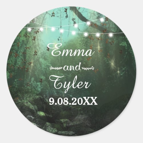Enchanted Forest Lights Rustic Save the Date Classic Round Sticker