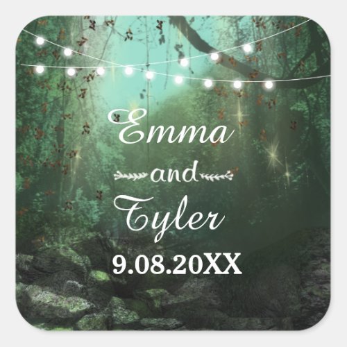 Enchanted Forest Lights Rustic Save the Date Square Sticker