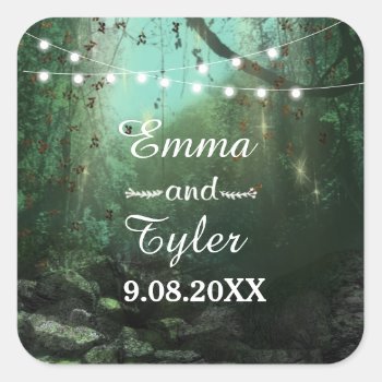 Enchanted Forest Lights Rustic Save The Date Square Sticker by SpiceTree_Weddings at Zazzle