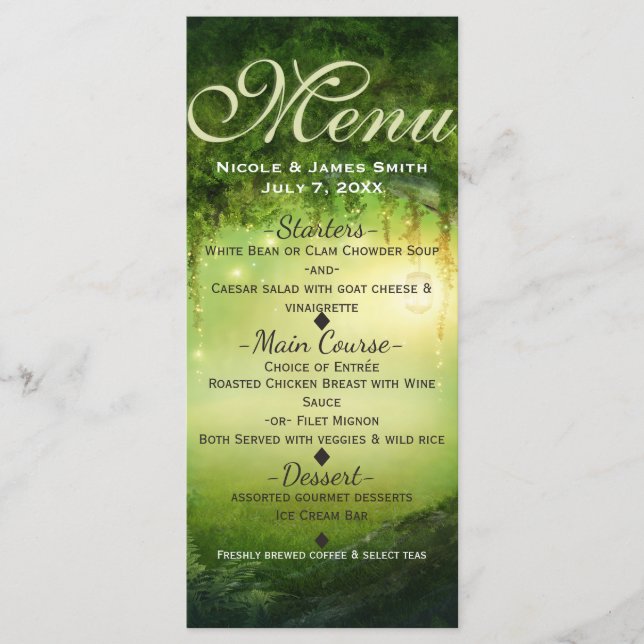 Enchanted Forest & Lights Wedding Menu Card (Front)