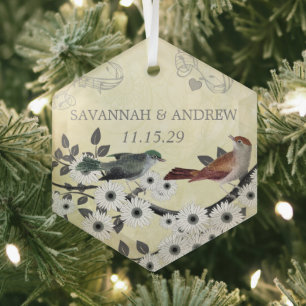 Enchanted Forest Love Bird Wedding Glass Ornament
