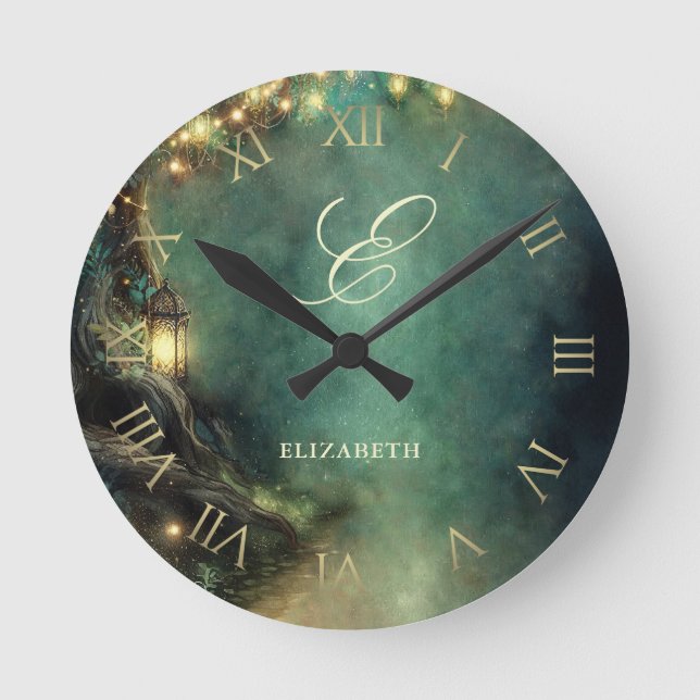 Enchanted Forest Magic Lanterns Fair Baby Monogram Round Clock (Front)