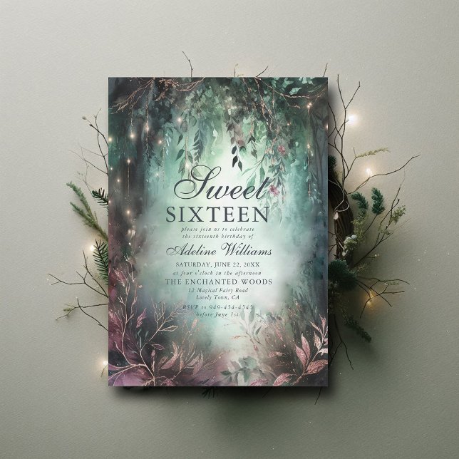 Enchanted Forest Magical Calligraphy Chic Sweet 16 Invitation (enchanted forest sweet 16 birthday invitation moody emerald dripping lights watercolor calligraphy)