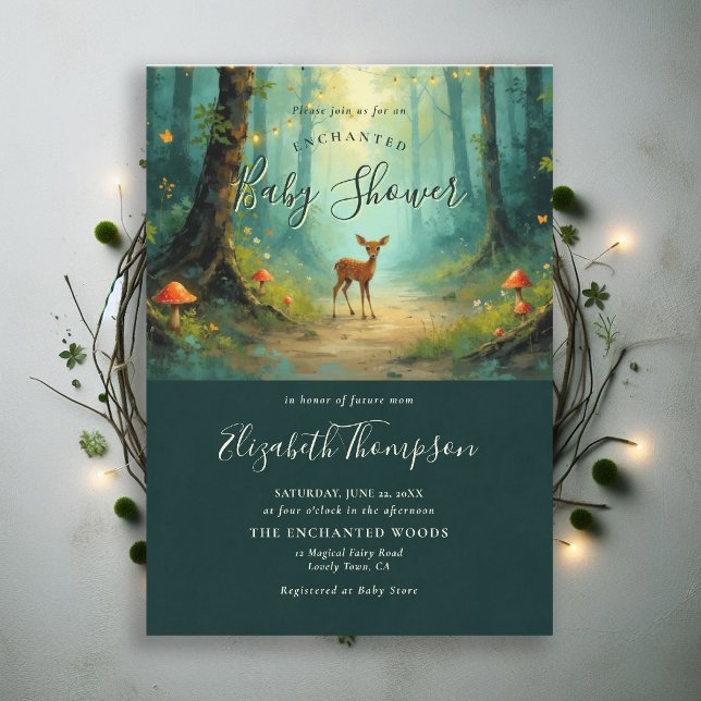 Enchanted Forest Magical Fairy Tale Baby Shower Invitation (enchanted forest baby shower theme invite magical fairy tale mushrooms woodland deer emerald)