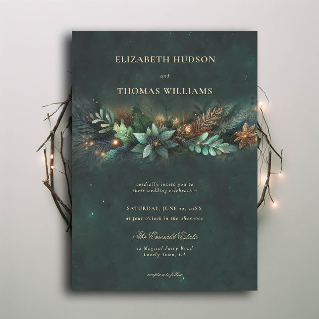 Enchanted Forest Magical Garland Fairytale Wedding Invitation (enchanted forest wedding invitation emerald gold garland modern classic)