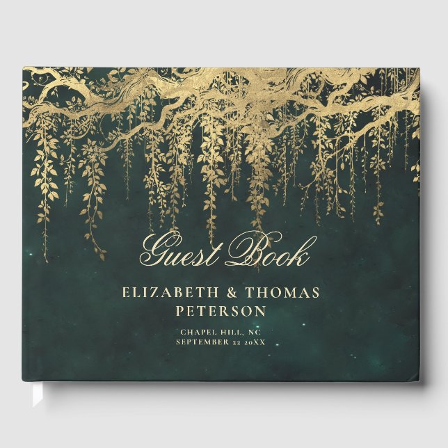Enchanted Forest Magical Gold Vine Emerald Wedding Guest Book (Front)