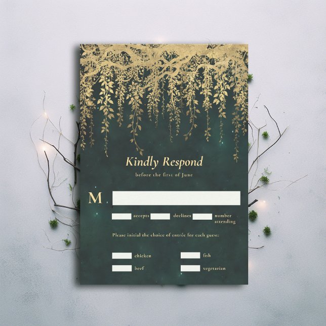 Enchanted Forest Magical Gold Vines Wedding RSVP (Enchanted Forest Magical Gold Vines Wedding RSVP draped foliage emerald green moody dark)