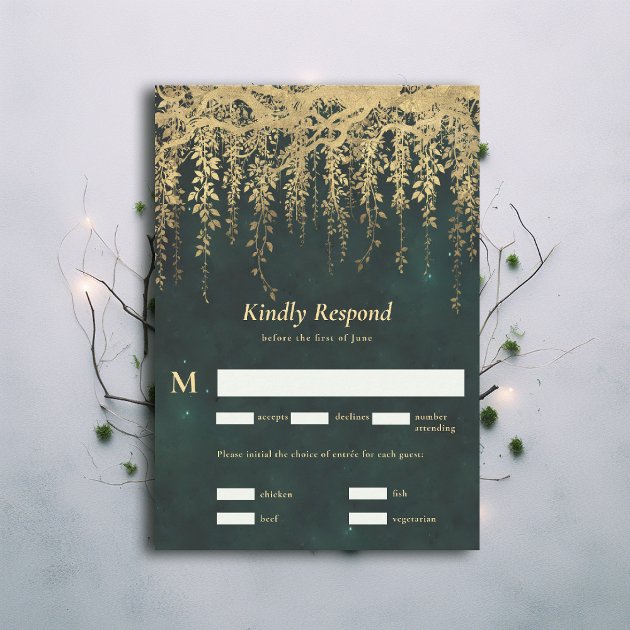 Enchanted forest wedding RSVP card — emerald green gold vines fairytale woodland — Pencil Owl Studios