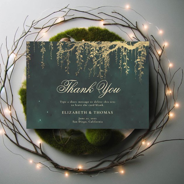 Enchanted forest wedding thank you card — emerald green gold vines fairytale woodland — Pencil Owl Studios