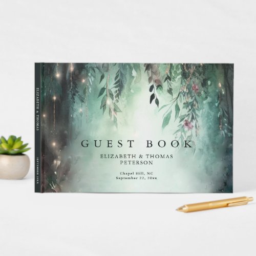 Enchanted Forest Magical Vines Green Gold Wedding Guest Book