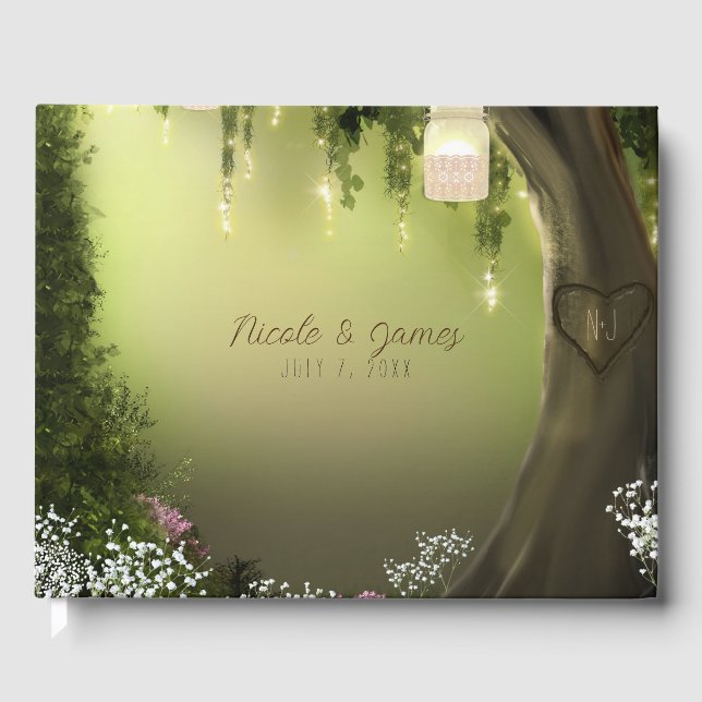 Enchanted Forest Mason Jar Lights Floral Wedding  Guest Book (Front)
