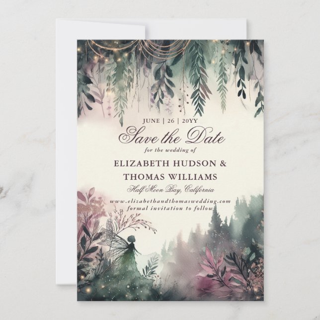Enchanted Forest Mauve Fairy Wedding Save the Date Invitation (Front)