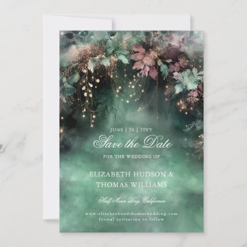 Enchanted Forest Mauve Gold Wedding Save the Date Invitation