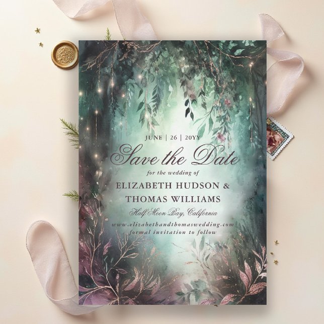 Enchanted Forest Mauve Vines Wedding Save the Date Invitation (enchanted forest save the date wedding emerald green gold pink fairytale fairy greenery woodland)