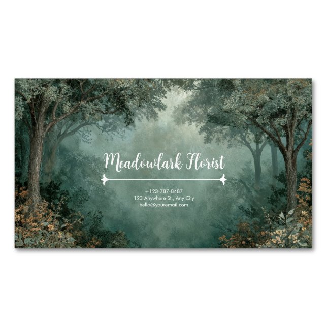 Enchanted Forest Misty Teal Green Painterly Business Card Magnet (Front)