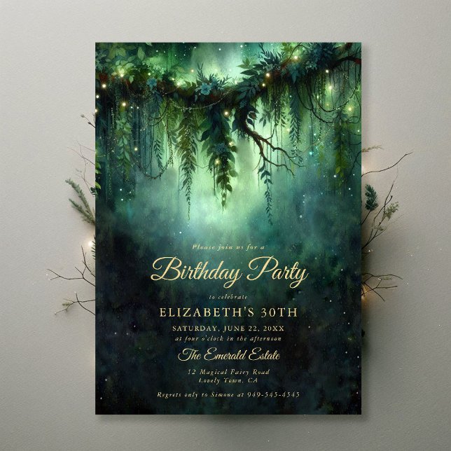 Enchanted Forest Moody Dark Green Emerald Birthday Invitation (enchanted forest birthday party invitation emerald green woodland fairy magical garden storybook)