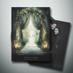 Enchanted Forest Moody Dramatic Dark Photo Wedding Save The Date
