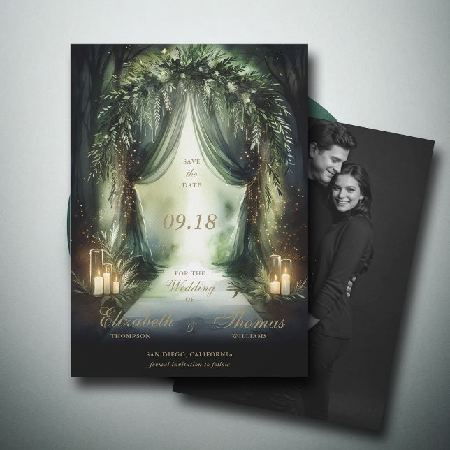 Enchanted Forest Moody Dramatic Dark Photo Wedding Save The Date (enchanted forest woodland wedding save the date calligraphy fairy tale dramatic moody dark romantic)