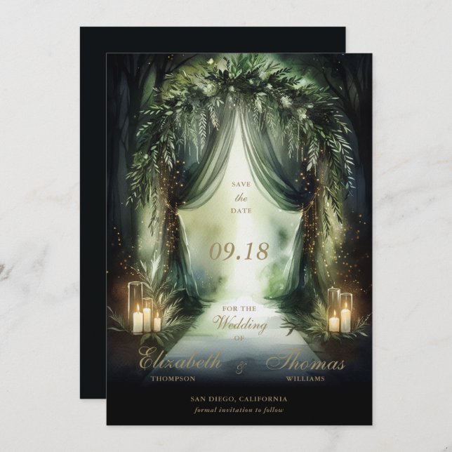Enchanted Forest Moody Romantic Emerald Wedding Save The Date (Front/Back)