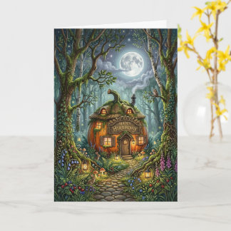 Enchanted Forest Moonlit Cottage Happy Birthday Card