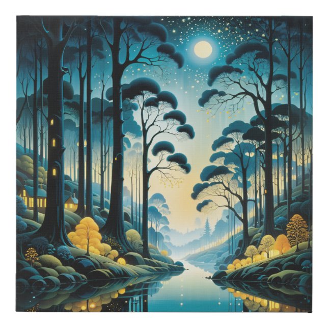 Enchanted Forest Moonlit Night Faux Canvas Print (Front)