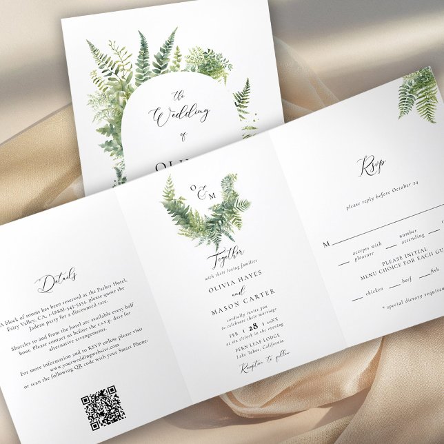 Enchanted Forest Mountain Ferns Boho Arch Wedding Tri-Fold Invitation (enchanted forest wedding invitation botanical boho arch fern outdoors mountains sage all one trifold)