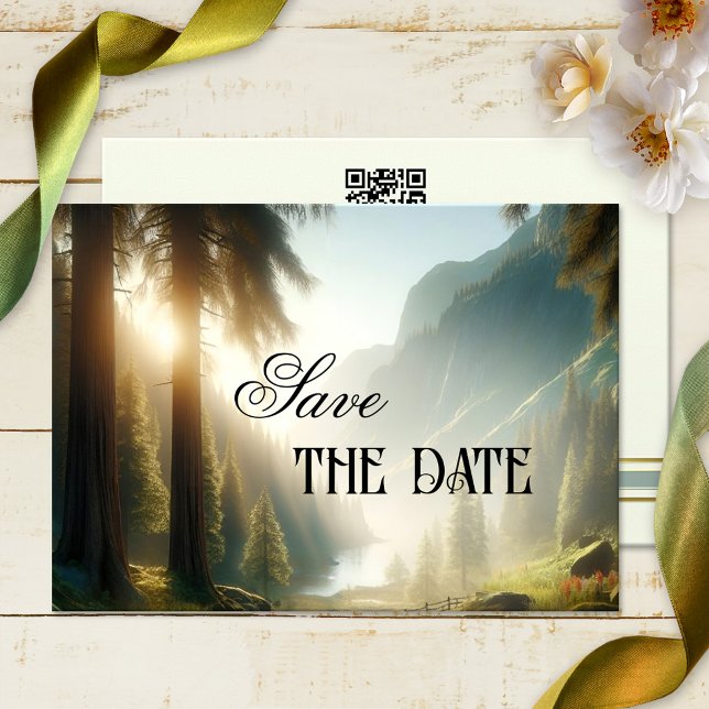 Enchanted Forest Mountain Save the Date Card (A dreamy Save the Date card featuring a painting of an enchanted forest in the mountains - with QR)