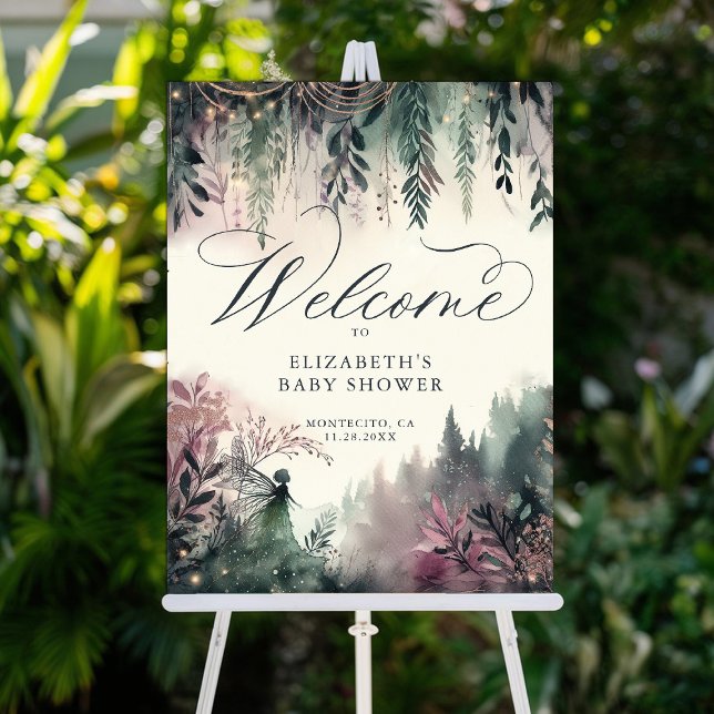 Enchanted Forest Mountains Baby Shower Welcome Foam Board (enchanted forest baby shower welcome sign mountains fairy woodlands purple mauve watercolor)