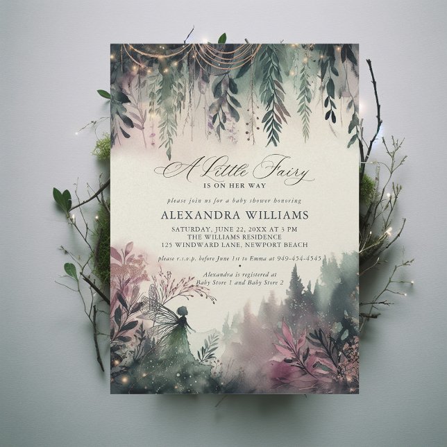 Enchanted Forest Mountains Fairy Girl Baby Shower Invitation (little fairy girl baby shower invitation purple mauve emerald green mountains enchanted forest)