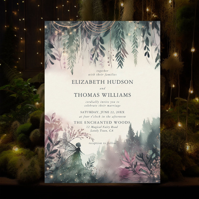 Enchanted Forest Mountains Magical Fairy Wedding Invitation (enchanted forest fairy wedding invitation watercolor mountains woods magical fairytale emerald gold )