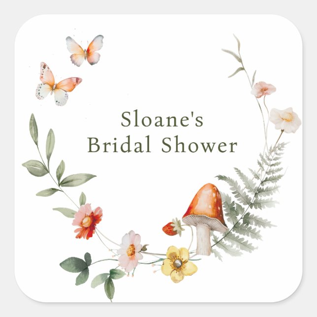 Enchanted Forest Mushroom Bridal Shower Square Sticker (Front)