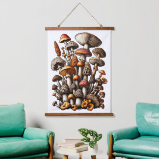 Enchanted Forest Mushroom Cluster Illustration Hanging Tapestry