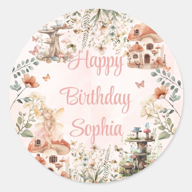 Enchanted Forest Mushroom Girl's First Birthday Classic Round Sticker (Front)