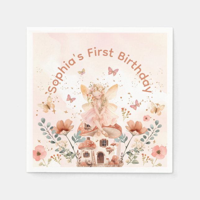 Enchanted Forest Mushroom Girl's First Birthday  Napkins (Front)