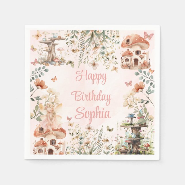 Enchanted Forest Mushroom Girl's First Birthday Napkins (Front)