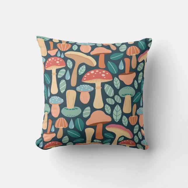 Enchanted Forest Mushroom Pattern Throw Pillow (Front)