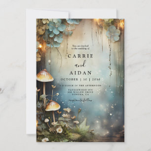 Enchanted Forest Mushroom Wildflower Blue Wedding Invitation