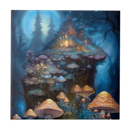 Enchanted Forest Mushrooms Castle Fantasy Art Ceramic Tile