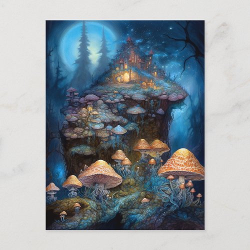 Enchanted Forest Mushrooms Castle Fantasy Art Postcard
