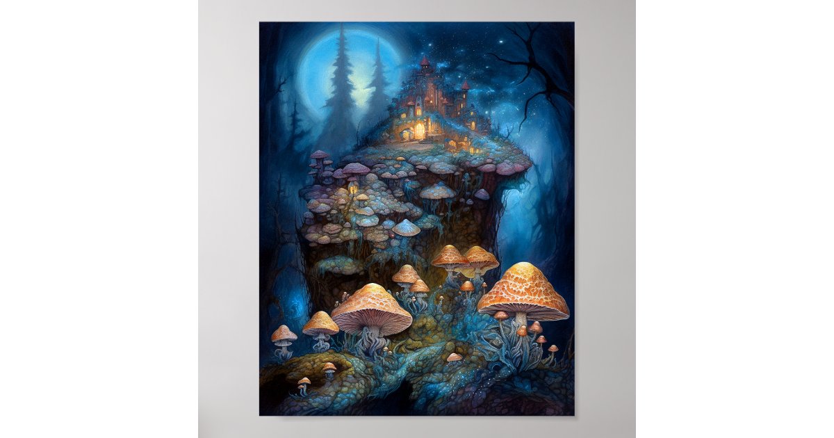 Enchanted Forest Mushrooms Castle Fantasy Art Poster | Zazzle