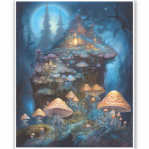 Enchanted Forest Mushrooms Castle Fantasy Art Sticker